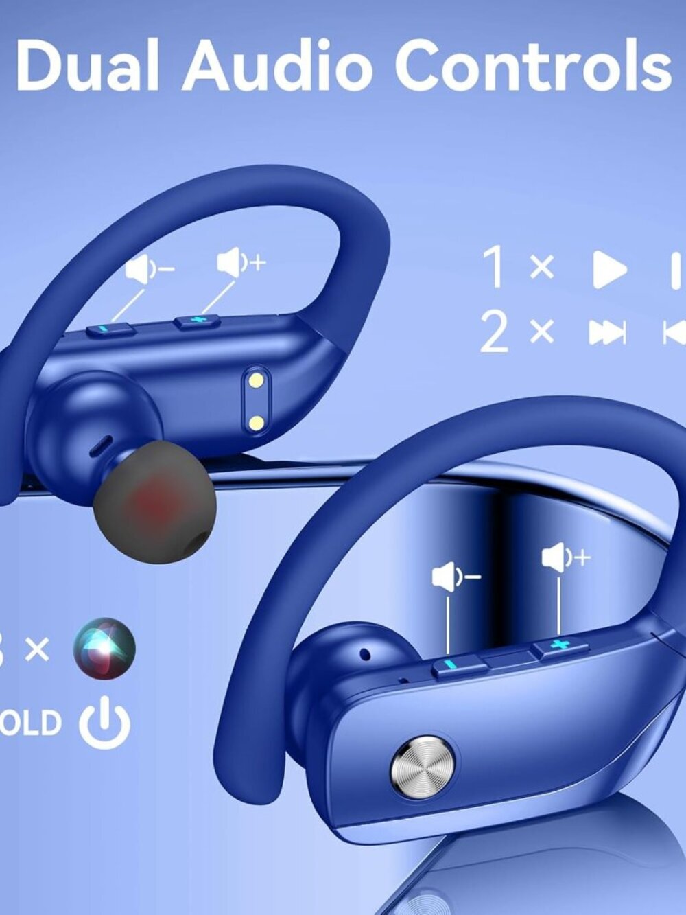 Blue Wireless Earbuds Bluetooth LED Display Ear-hooks Built-in Mic Headset - Picture 4 of 6